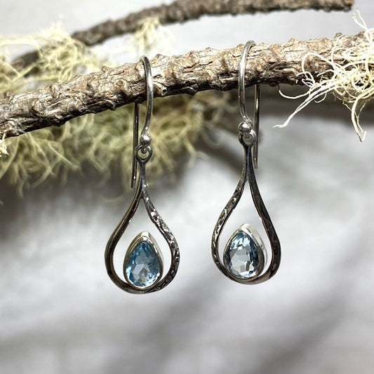 Ornate Silver Faceted Teardrop Blue Topaz Earrings