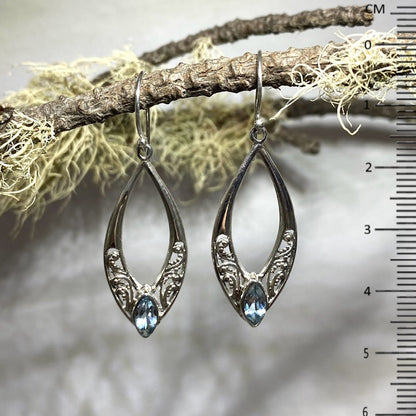 Ornate Silver Faceted Diamond Shape Blue Topaz Earrings