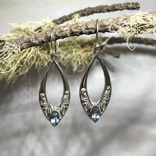 Ornate Silver Faceted Diamond Shape Blue Topaz Earrings