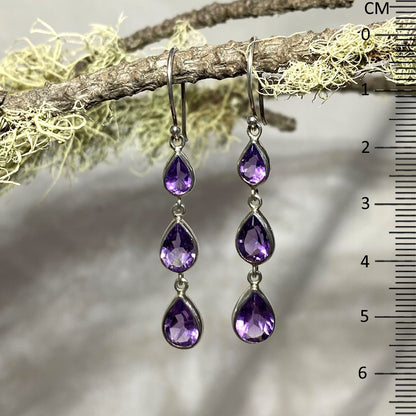 Triple Tear Faceted Amethyst Earrings