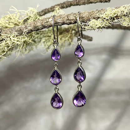 Triple Tear Faceted Amethyst Earrings