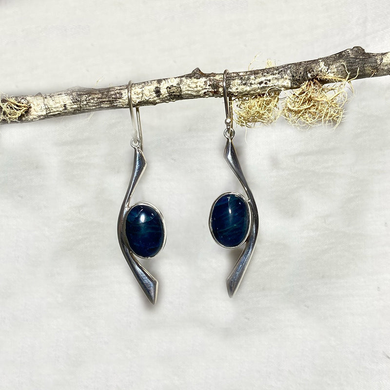 Oval Blue Apatite Ornate Sterling Silver Earrings