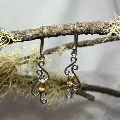 Scrolling Silver Oval Citrine Earrings