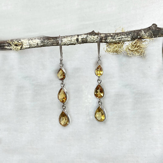 Faceted Three-Tiered Teardrop Citrine Earrings