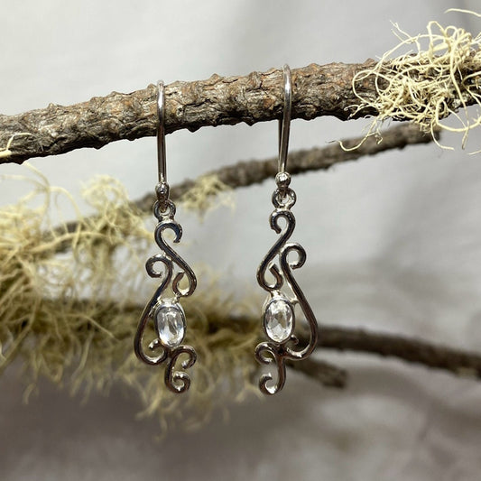 Scrolling Silver Oval Clear Quartz Earrings