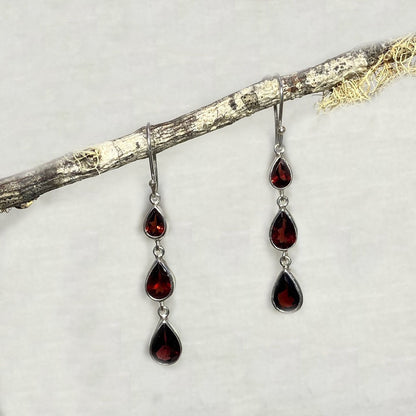 Three Tiered Faceted Garnet Earrings