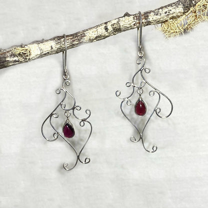 Teardrop Garnet Ornate Sterling Silver Earrings