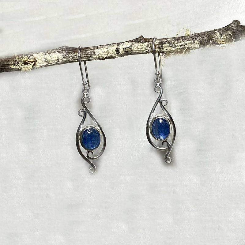 Oval Blue Kyanite Ornate Sterling Silver Earrings