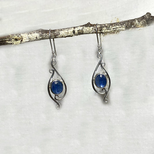 Oval Blue Kyanite Ornate Sterling Silver Earrings