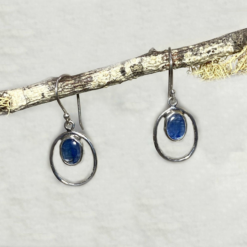 Oval Blue Kyanite Ornate Sterling Silver Earrings