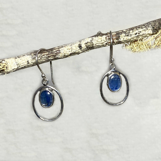 Oval Blue Kyanite Ornate Sterling Silver Earrings