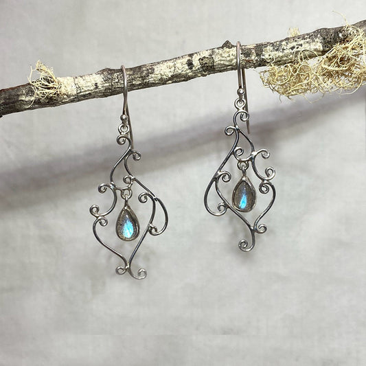 Ornate Sterling Silver Teardrop Labradorite Earrings