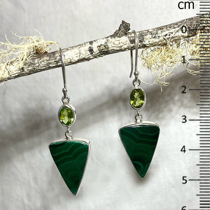 Triangle Malachite & Oval Faceted Peridot Earrings