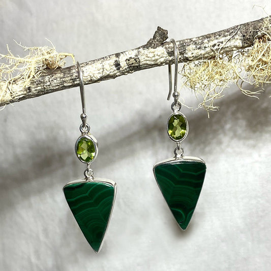 Triangle Malachite & Oval Faceted Peridot Earrings