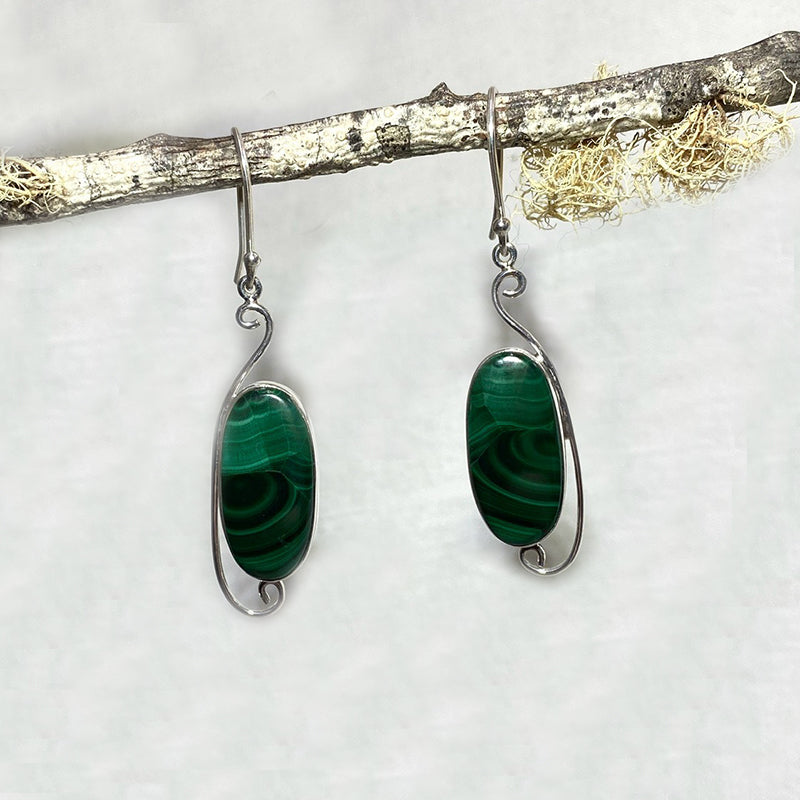 Ornate Sterling Silver Oval Malachite Earrings