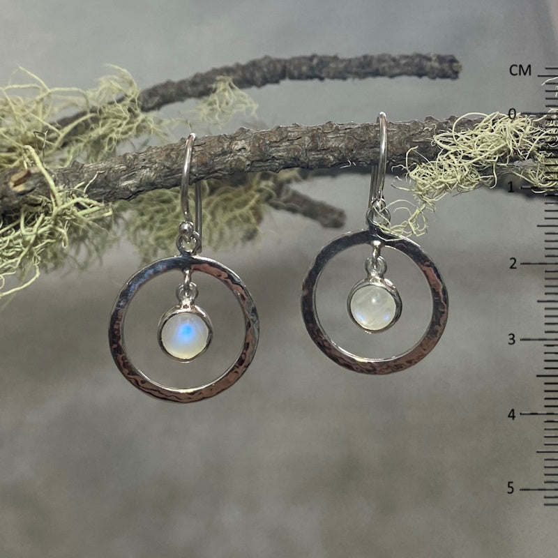 Hammered Sterling Silver Round Moonstone Earrings