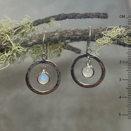 Hammered Sterling Silver Round Moonstone Earrings