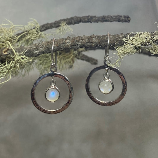 Hammered Sterling Silver Round Moonstone Earrings