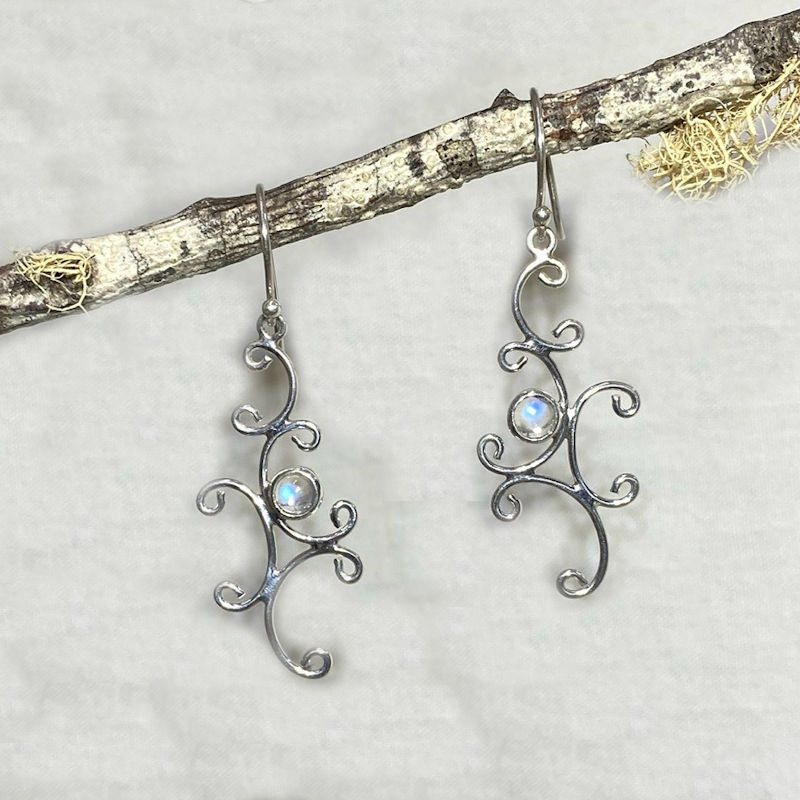 Round Rainbow Moonstone Ornate Sterling Silver Earrings