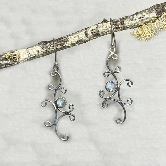 Round Rainbow Moonstone Ornate Sterling Silver Earrings