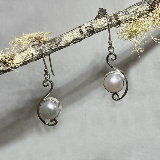 Swirling Sterling Silver Round Pearl Earrings