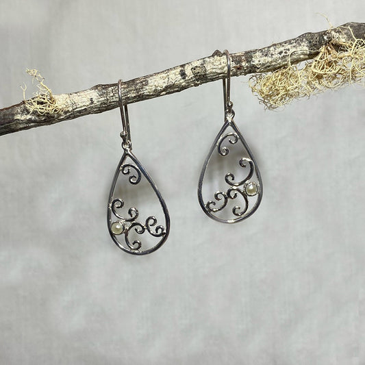 Round Pearl Swirling Sterling Silver Earrings