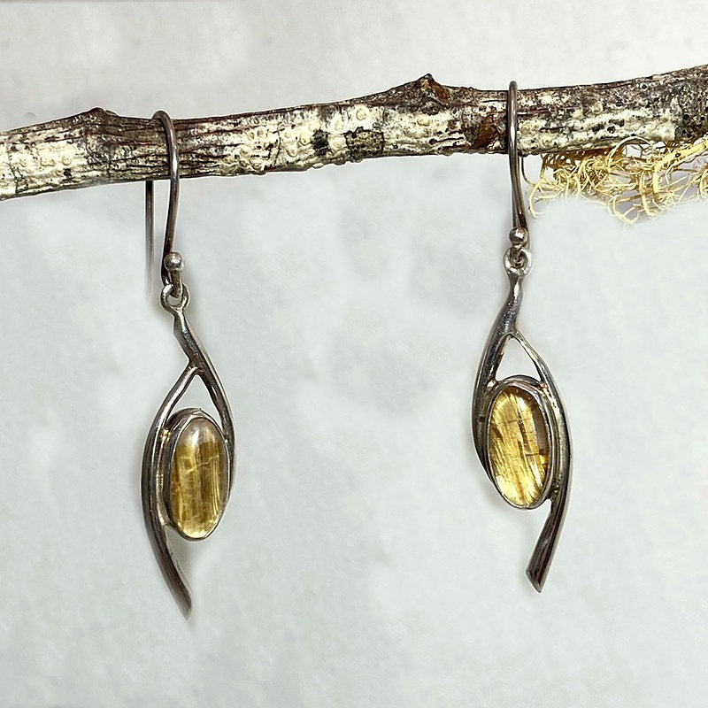 Oval Rutilated Quartz Ornate Sterling Silver Earrings