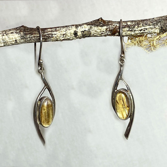 Oval Rutilated Quartz Ornate Sterling Silver Earrings