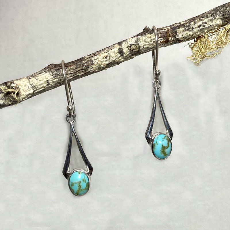 Oval Kingman Turquoise Ornate Sterling Silver Earrings