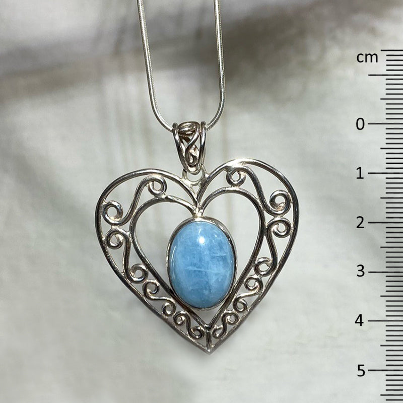 Ornate Sterling Silver Heart Oval Aquamarine Pendant