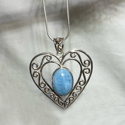 Ornate Sterling Silver Heart Oval Aquamarine Pendant