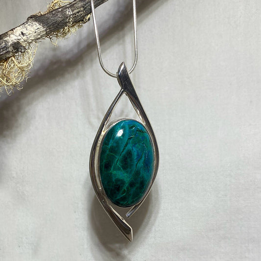 Ornate Sterling Silver Oval Chrysocolla Pendant