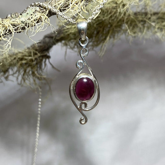 Scrolling Silver Round Garnet Pendant