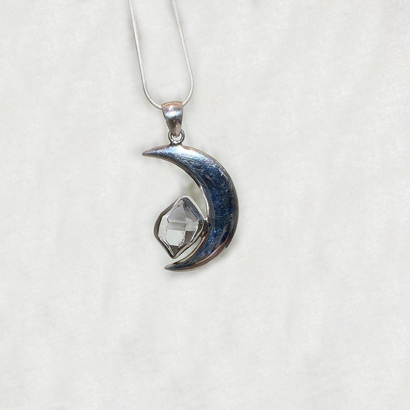 Natural Herkimer Diamond Sterling Silver Crescent Moon Pendant