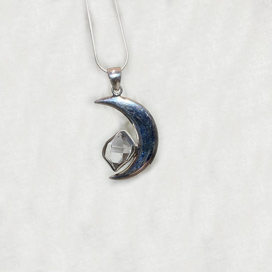 Natural Herkimer Diamond Sterling Silver Crescent Moon Pendant