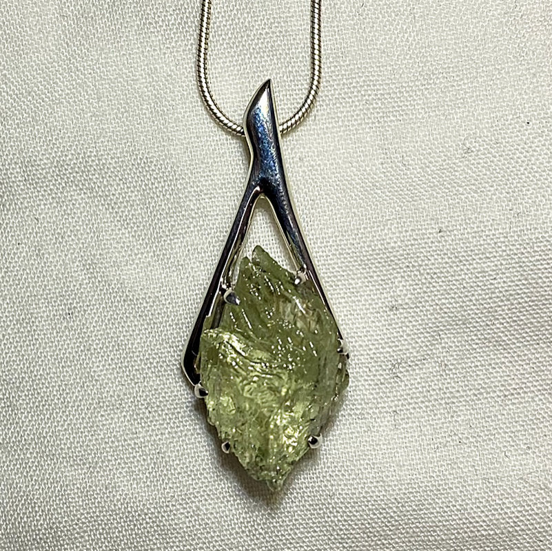 Freeform Natural Hiddenite Ornate Sterling Silver Pendant