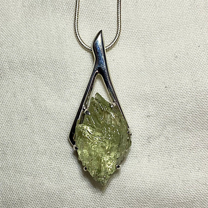 Freeform Natural Hiddenite Ornate Sterling Silver Pendant