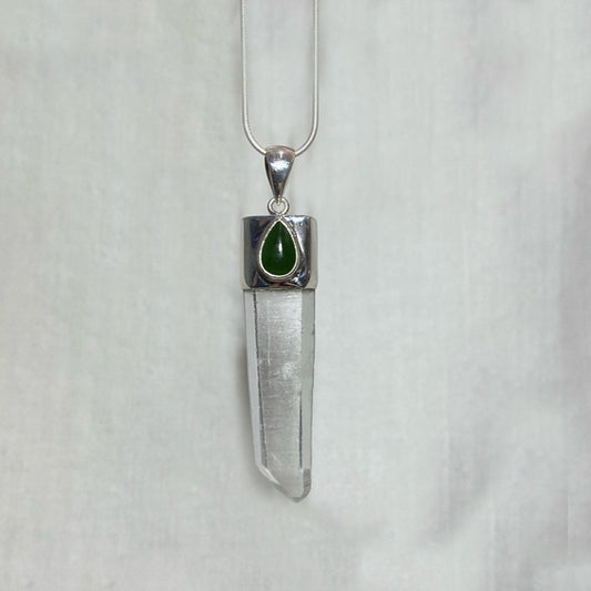 Teardrop Nephrite Jade & Natural Lemurian Quartz Pendant