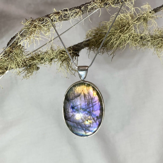 Purple and Orange Flash Oval Labradorite Pendant