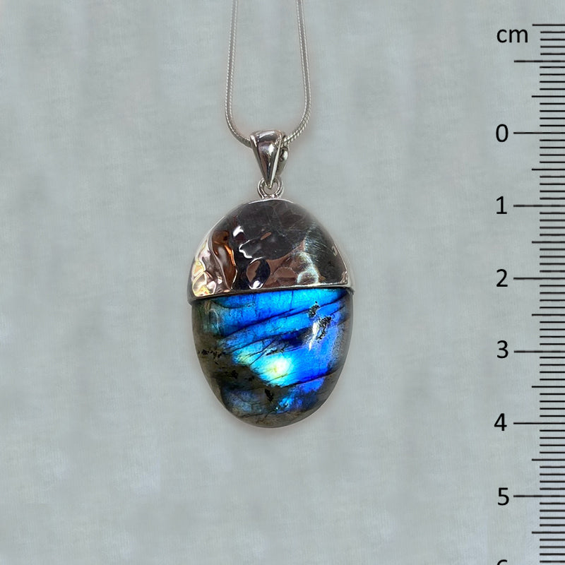 Oval Blue Flash Labradorite Ornate Sterling Silver Pendant