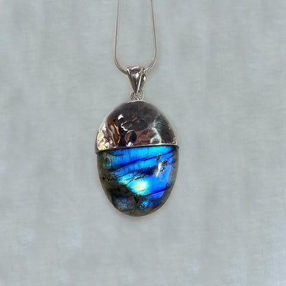 Oval Blue Flash Labradorite Ornate Sterling Silver Pendant