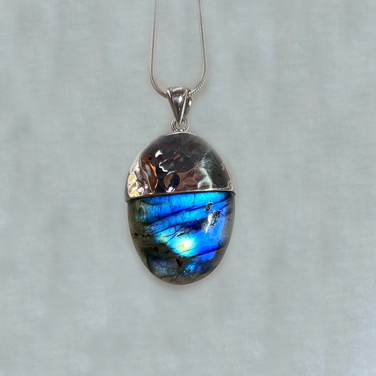 Oval Blue Flash Labradorite Ornate Sterling Silver Pendant