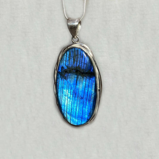 Oval Blue Flash Labradorite Ornate Sterling Silver Pendant