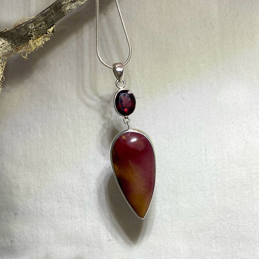 Pear Shaped Mookaite Jasper & Oval Faceted Garnet Pendant