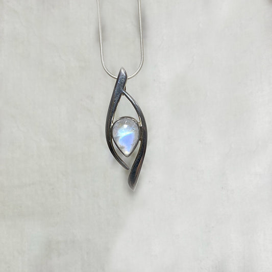 Ornate Sterling Silver Pear Shaped Rainbow Moonstone Pendant