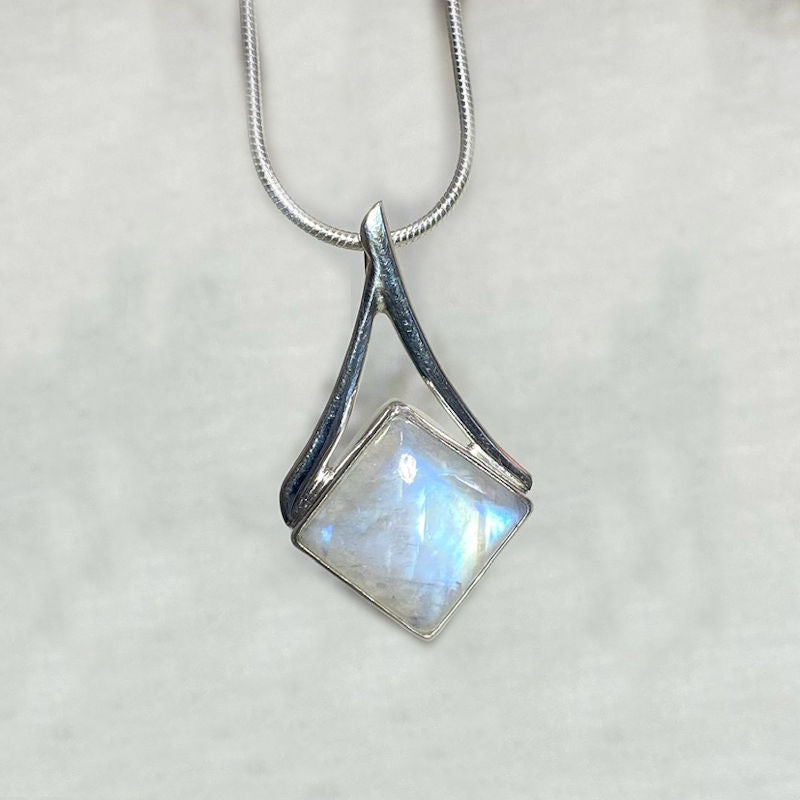 Diamond Shaped Rainbow Moonstone Ornate Sterling Silver Pendant