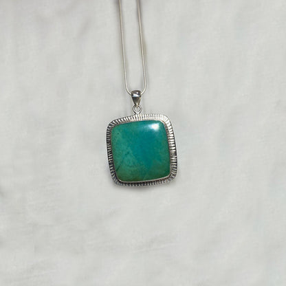 Square Blue Fossil Opal Wood Ornate Sterling Silver Pendant