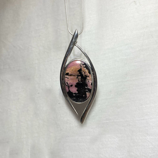 Ornate Sterling Silver Oval Rhodonite Pendant