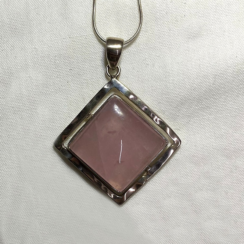 Diamond Shaped Rose Quartz Ornate Sterling Silver Pendant