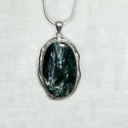 Oval Seraphinite Ornate Sterling Silver Pendant
